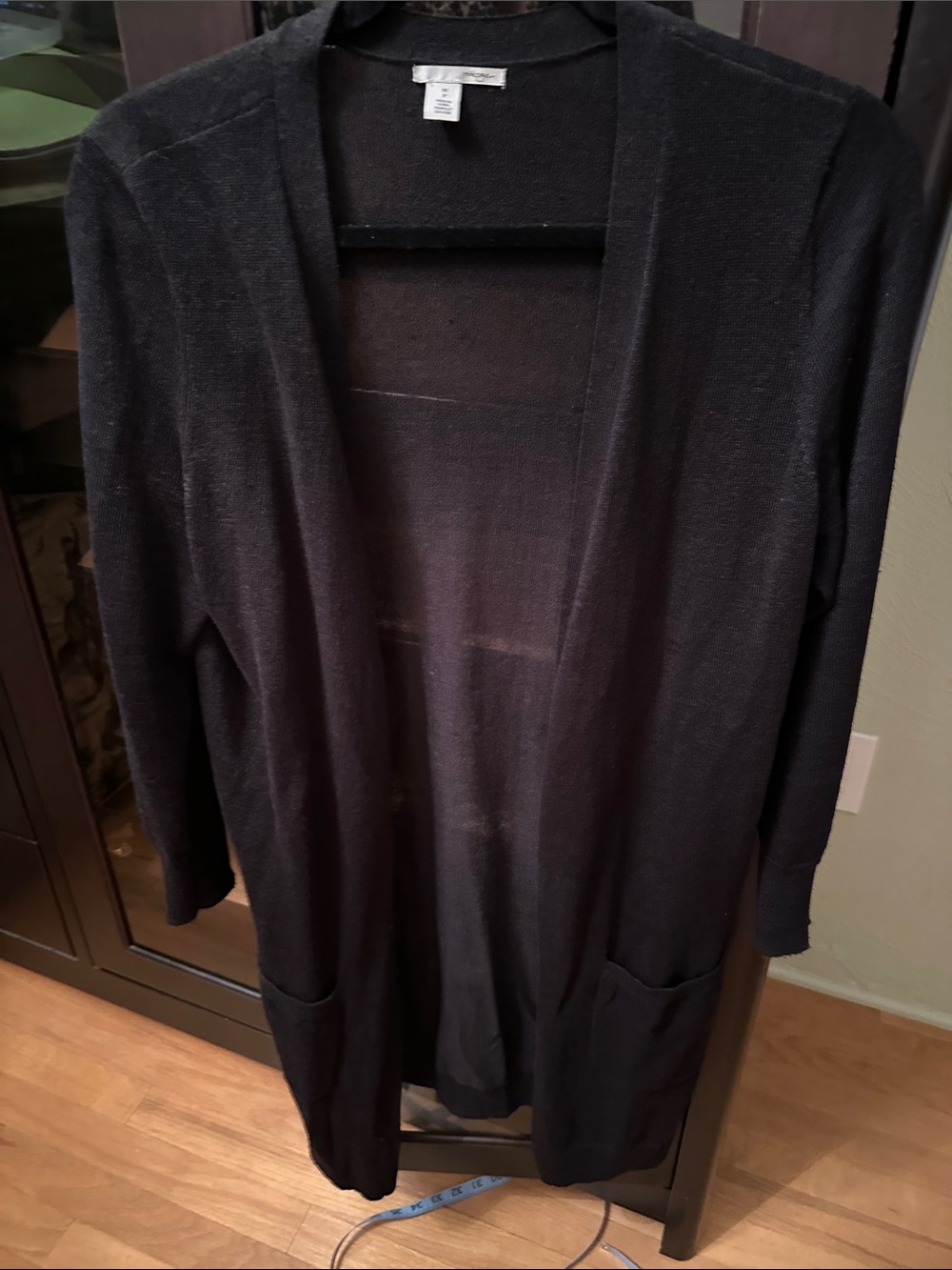 Halogen linen blend Black Open-Front Long Cardigan Sweater with pockets - Women